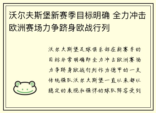 沃尔夫斯堡新赛季目标明确 全力冲击欧洲赛场力争跻身欧战行列