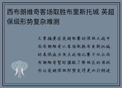 西布朗维奇客场取胜布里斯托城 英超保级形势复杂难测
