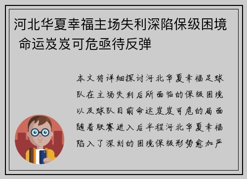 河北华夏幸福主场失利深陷保级困境 命运岌岌可危亟待反弹
