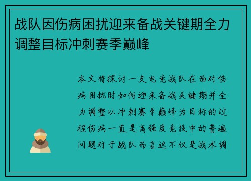 战队因伤病困扰迎来备战关键期全力调整目标冲刺赛季巅峰