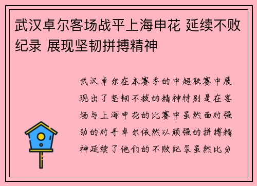 武汉卓尔客场战平上海申花 延续不败纪录 展现坚韧拼搏精神