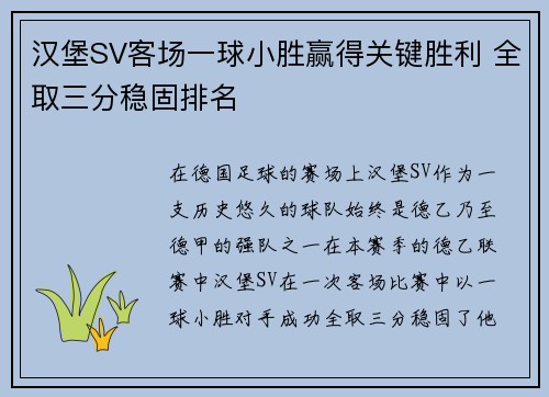 汉堡SV客场一球小胜赢得关键胜利 全取三分稳固排名