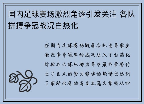 国内足球赛场激烈角逐引发关注 各队拼搏争冠战况白热化
