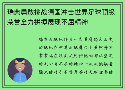 瑞典勇敢挑战德国冲击世界足球顶级荣誉全力拼搏展现不屈精神