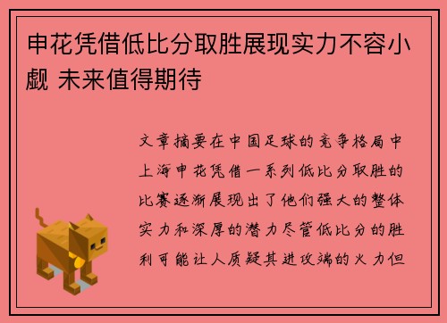 申花凭借低比分取胜展现实力不容小觑 未来值得期待