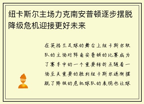 纽卡斯尔主场力克南安普顿逐步摆脱降级危机迎接更好未来