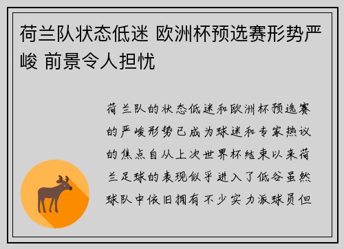 荷兰队状态低迷 欧洲杯预选赛形势严峻 前景令人担忧